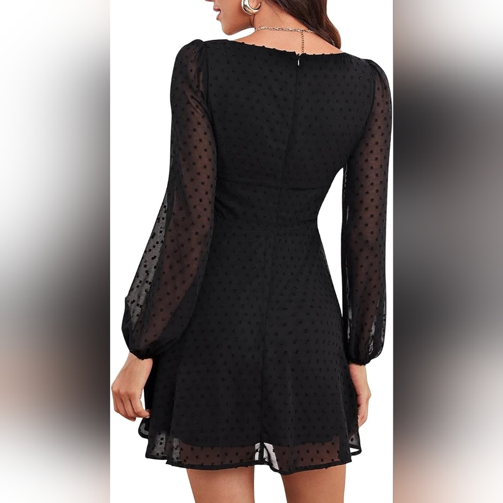 Polka Dot Square Neck A line Long Sleeve Swiss Dots Mini Dress - Picture 2 of 3